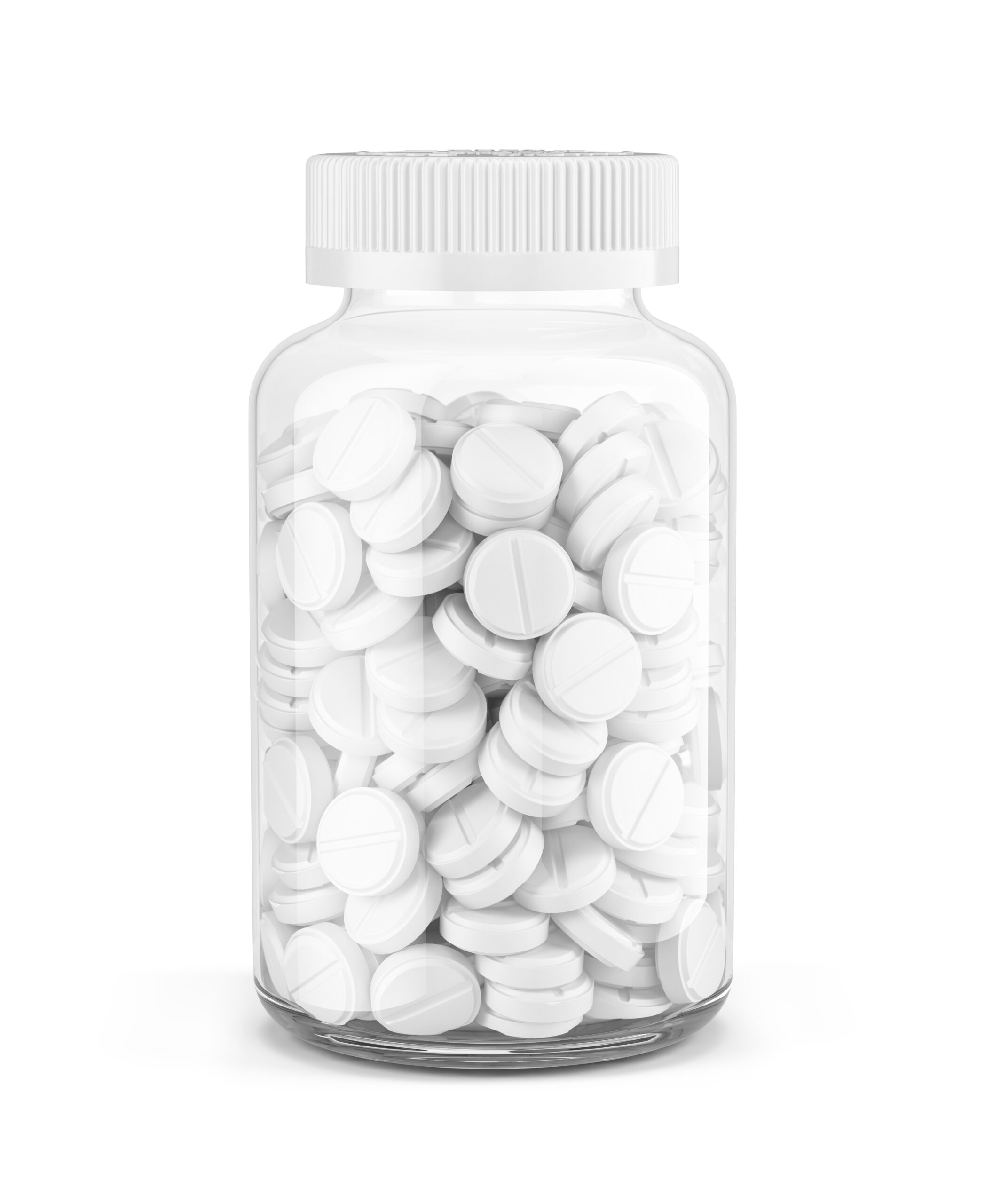 Transparent Plastic bottle with round pills isolated on white background. Medical, cosmetic mockup. 3d rendering