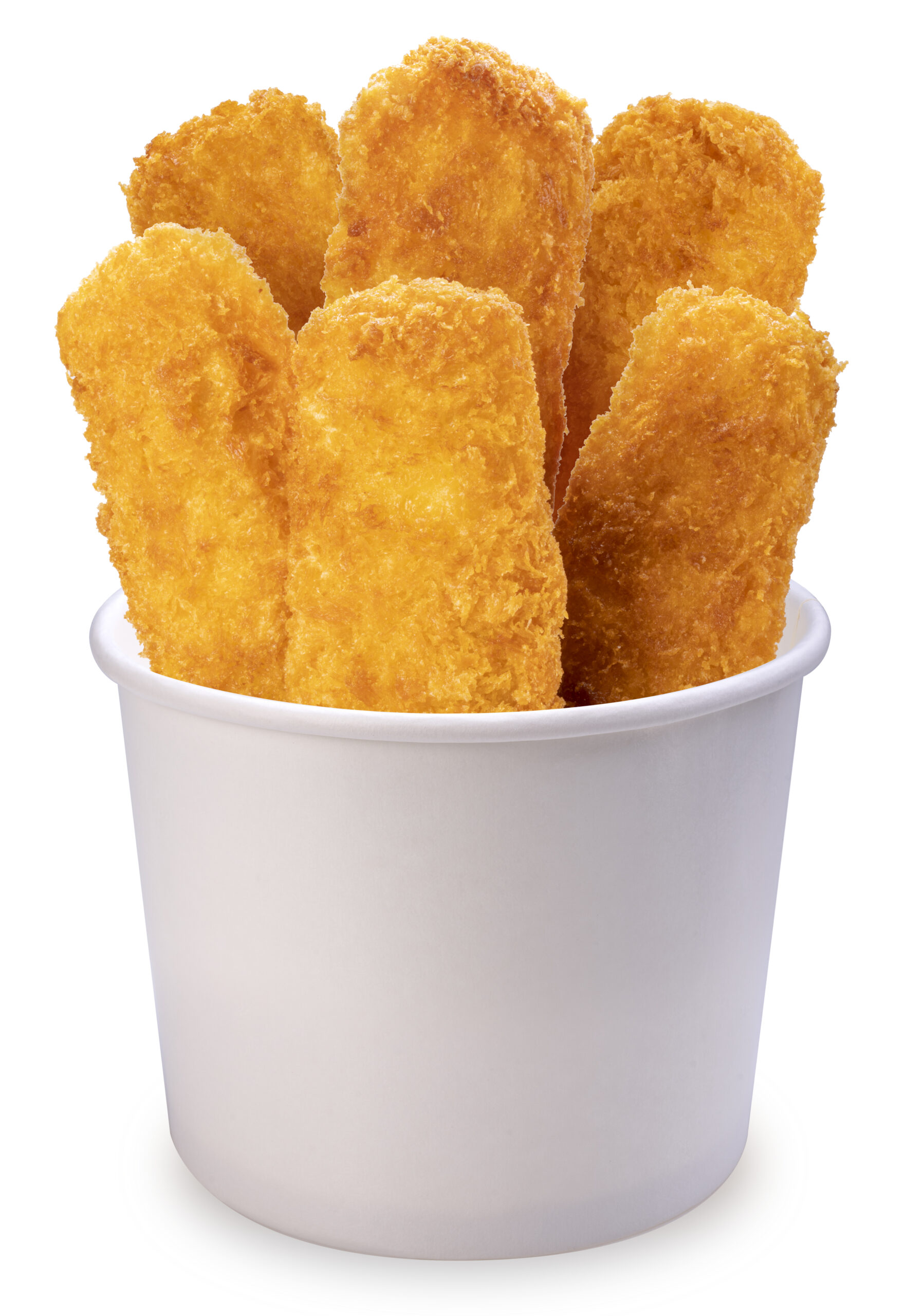 Fried Fish sticks in paper bucket isolated on white, Fried fish fingers Isolated on White background, With work path.