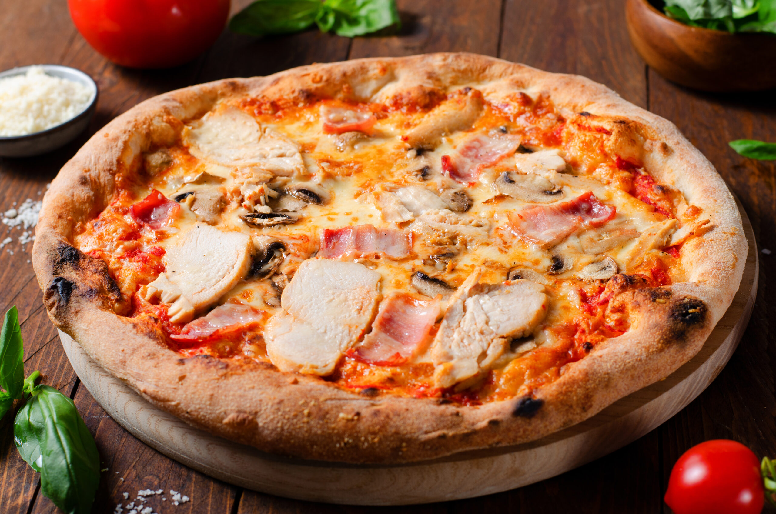 Chicken, Bacon, Mushroom Pizza on Wooden Background, Stone Baked Pizza