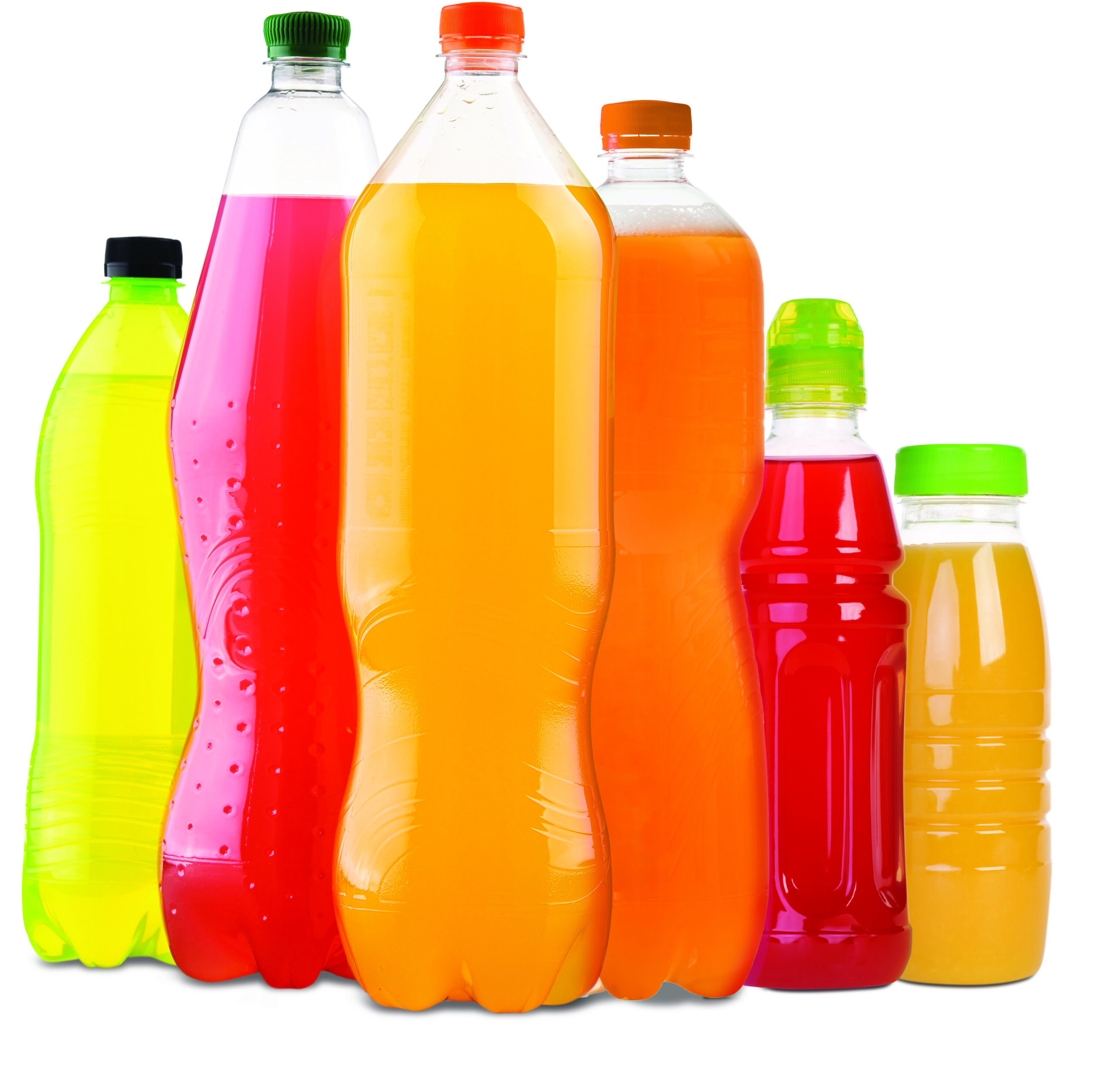 Plastic bottles of assorted carbonated soft drinks over white